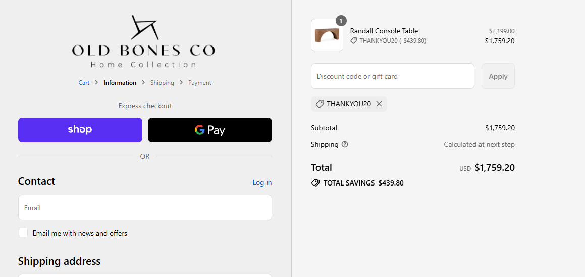 Proof screenshot for THANKYOU20