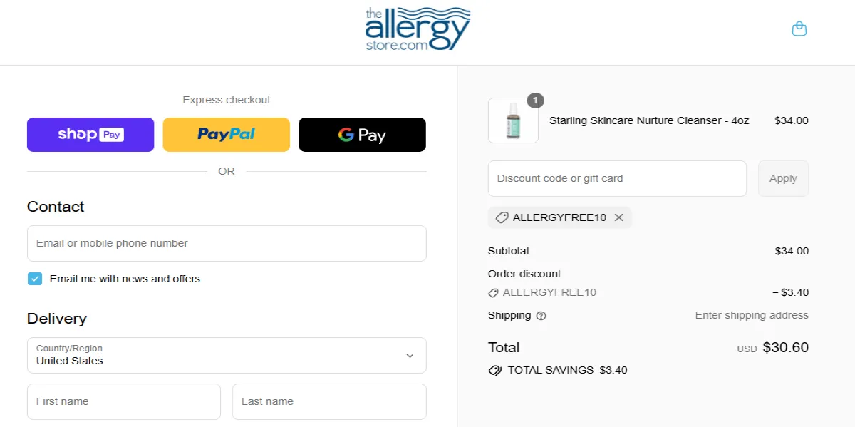Proof screenshot for ALLERGYFREE10