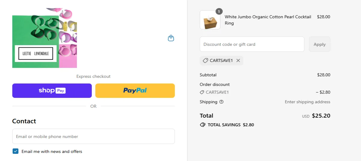 Proof screenshot for CARTSAVE1